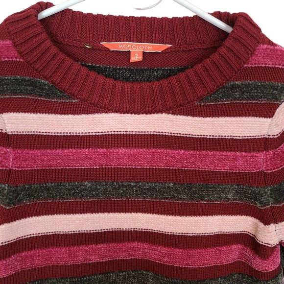 ModCloth Womens S Red Striped Duly Noticed Crew Neck Pullover Chenille Sweater - Picture 2 of 9